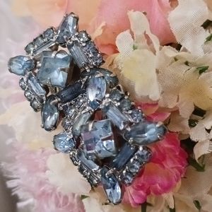 Vintage Blue Rhinestone Clip On Earrings Stunning Beauty!